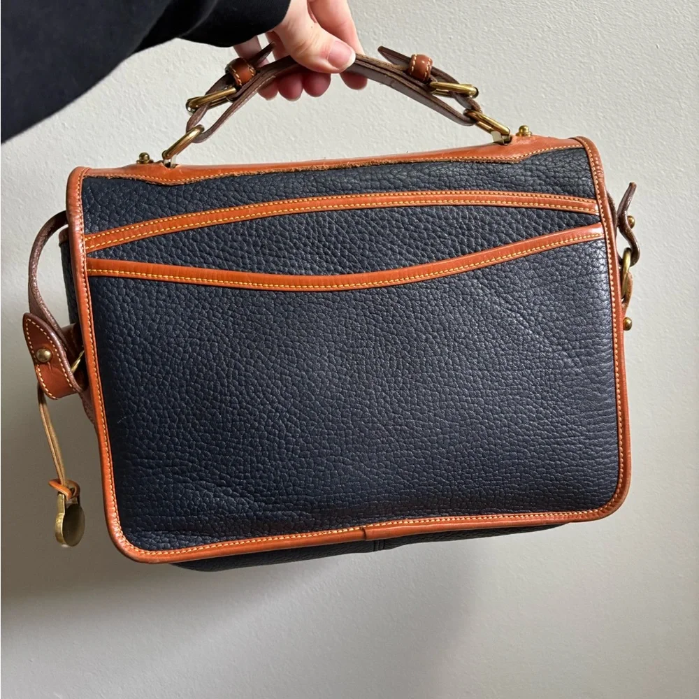 Classic Navy and Brown Leather Satchel - Picture 4 of 9